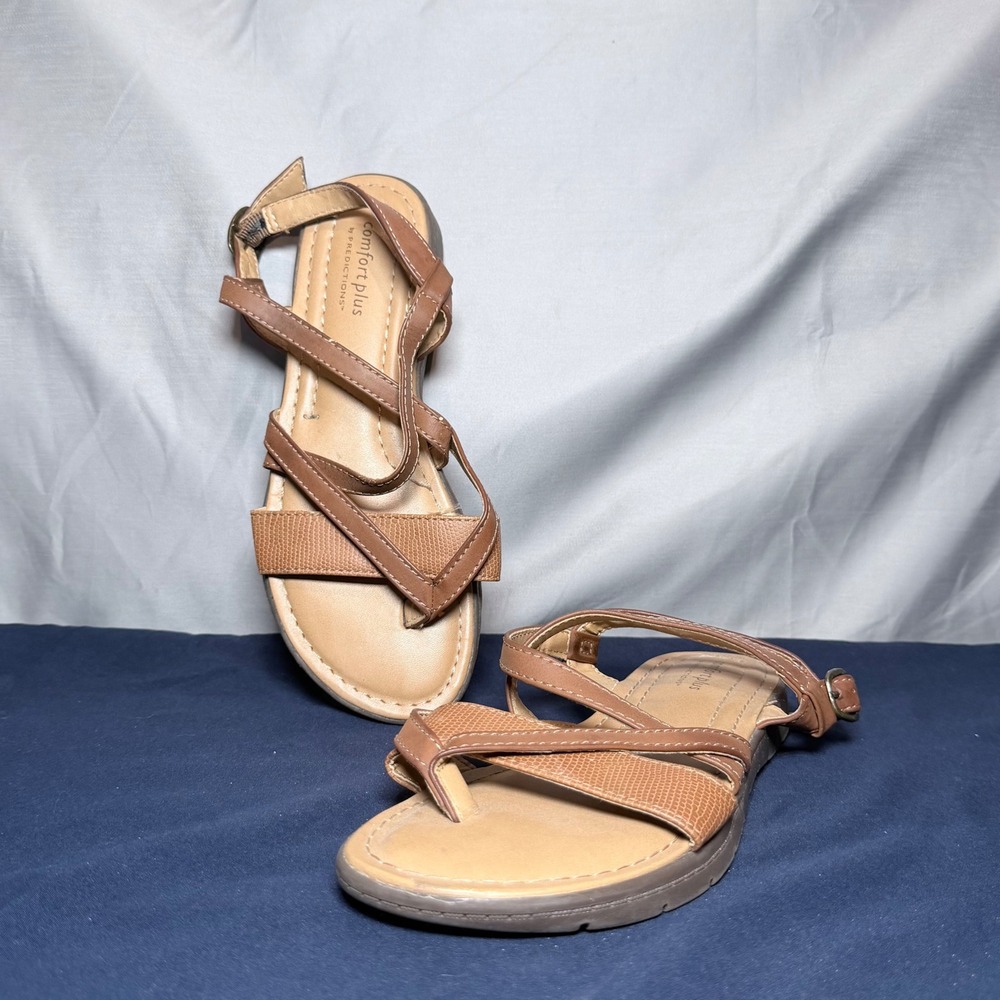Comfort Plus Predictions Sandals Womens 7 Brown Excellent Strappy Buckle Flat‎